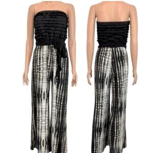 Connected Apparel Strapless Black Ruffled Wide Leg Jumpsuit Size XL Jersey Knit